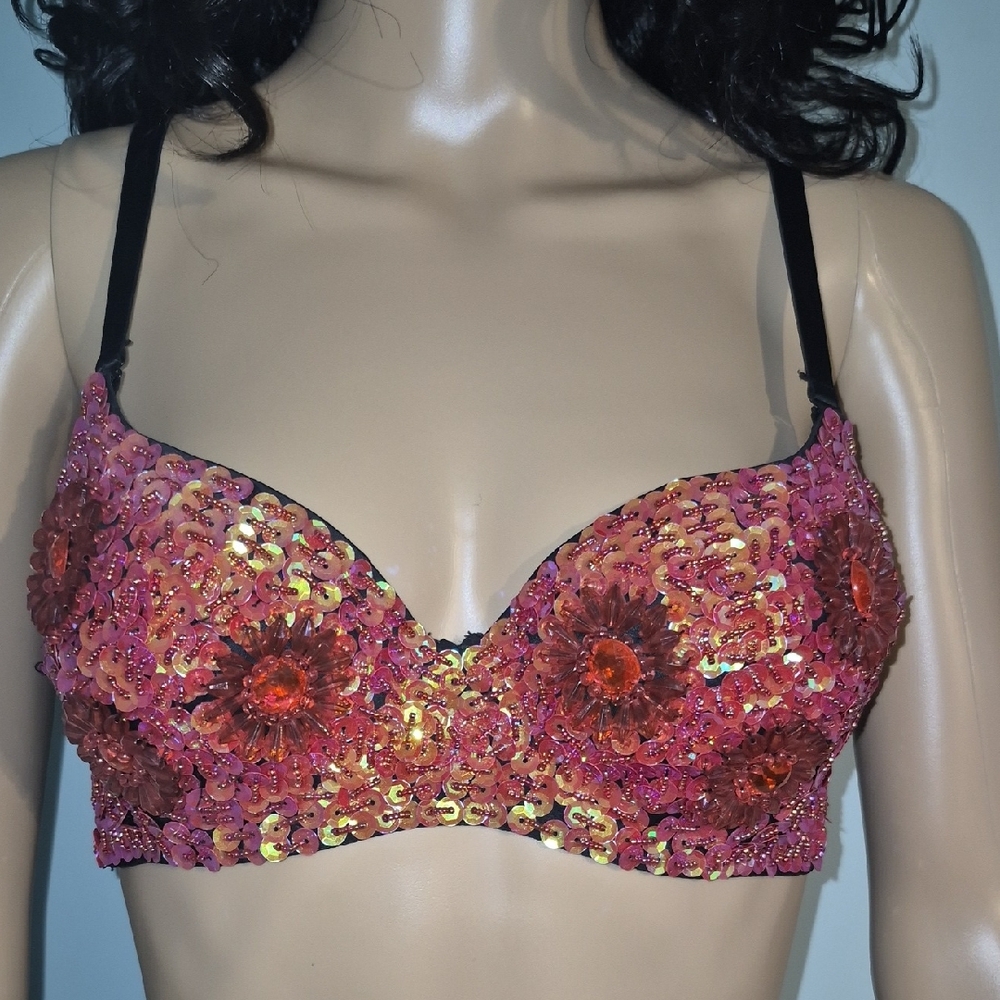 Glamorous Coral Sequins and Beaded Bra